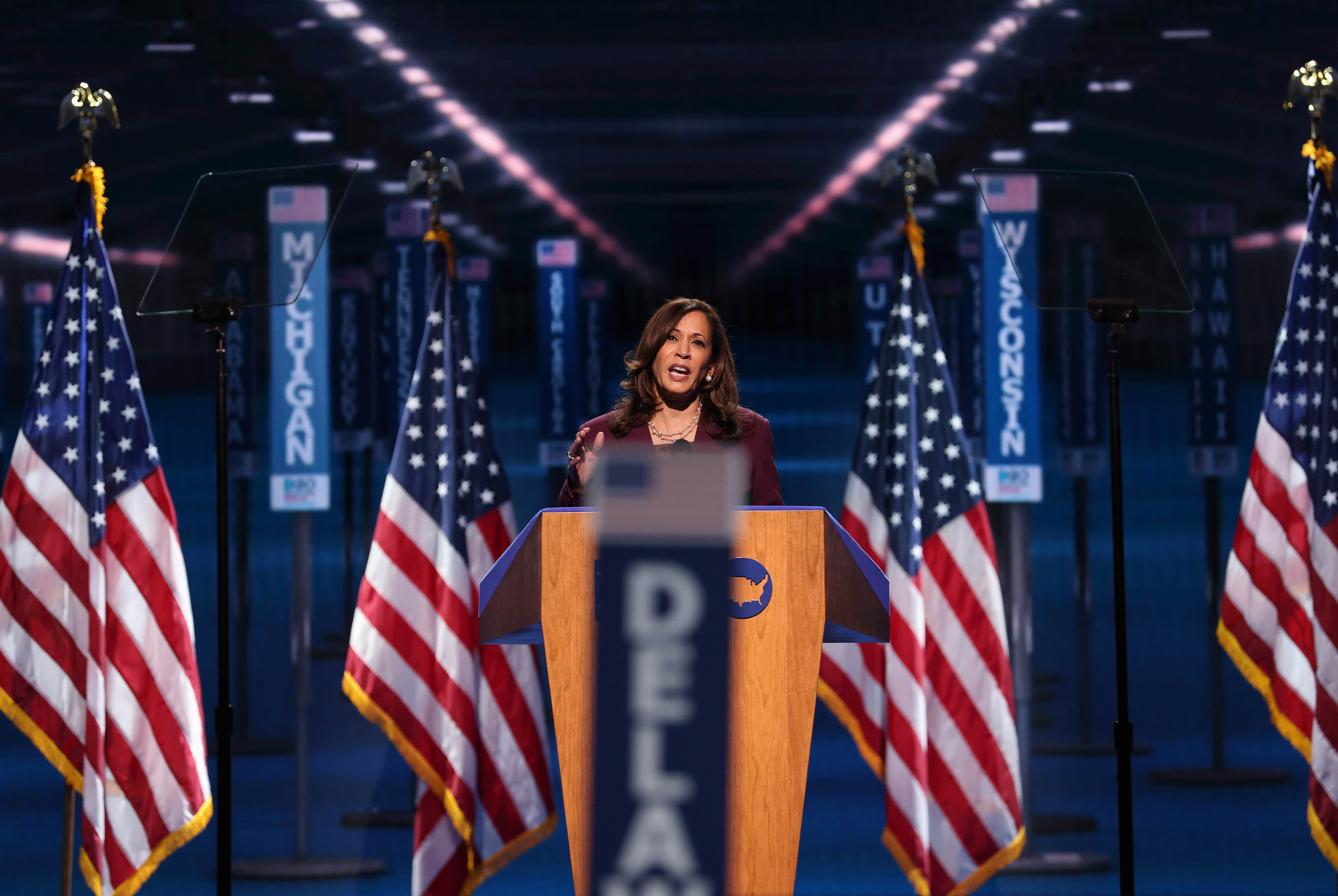 Democratic vice presidential nominee U.S. Sen. Kamala Harris (D-CA) speaks on the third night of the Democratic National Convention from the Chase Center August 19, 2020 in Wilmington, Delaware. The convention, which was once expected to draw 50,000 people to Milwaukee, Wisconsin, is now taking place virtually due to the coronavirus pandemic. Harris is the first African-American, first Asian-American, and third female vice presidential candidate on a major party ticket. Credit: Getty Images/AFP