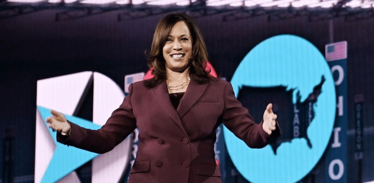 Senator from California and Democratic vice presidential nominee Kamala Harris stands on stage at the end of the third day of the Democratic National Convention. Credit: AFP Photo