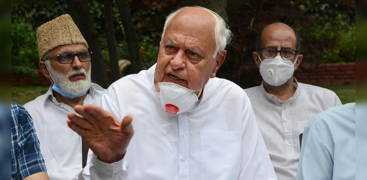 National Conference President Farooq Abdullah addresses a press conference after holding a meeting with party leaders, including those leaders who were detained post-August 05, 2019. Credits: PTI