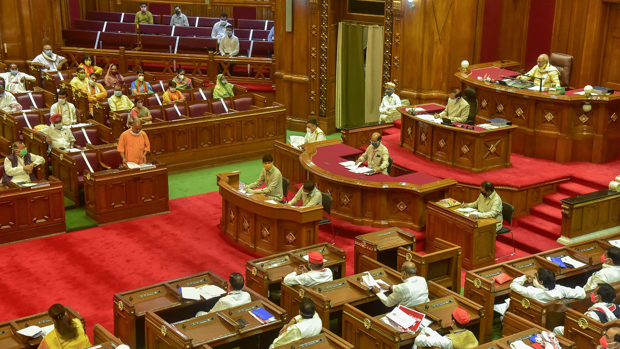 Uttar Pradesh Chief Minister Yogi Adityanath speaks at the Legislative Assembly on the first day of three-day monsoon session, in Lucknow. Credits: PTI Photo