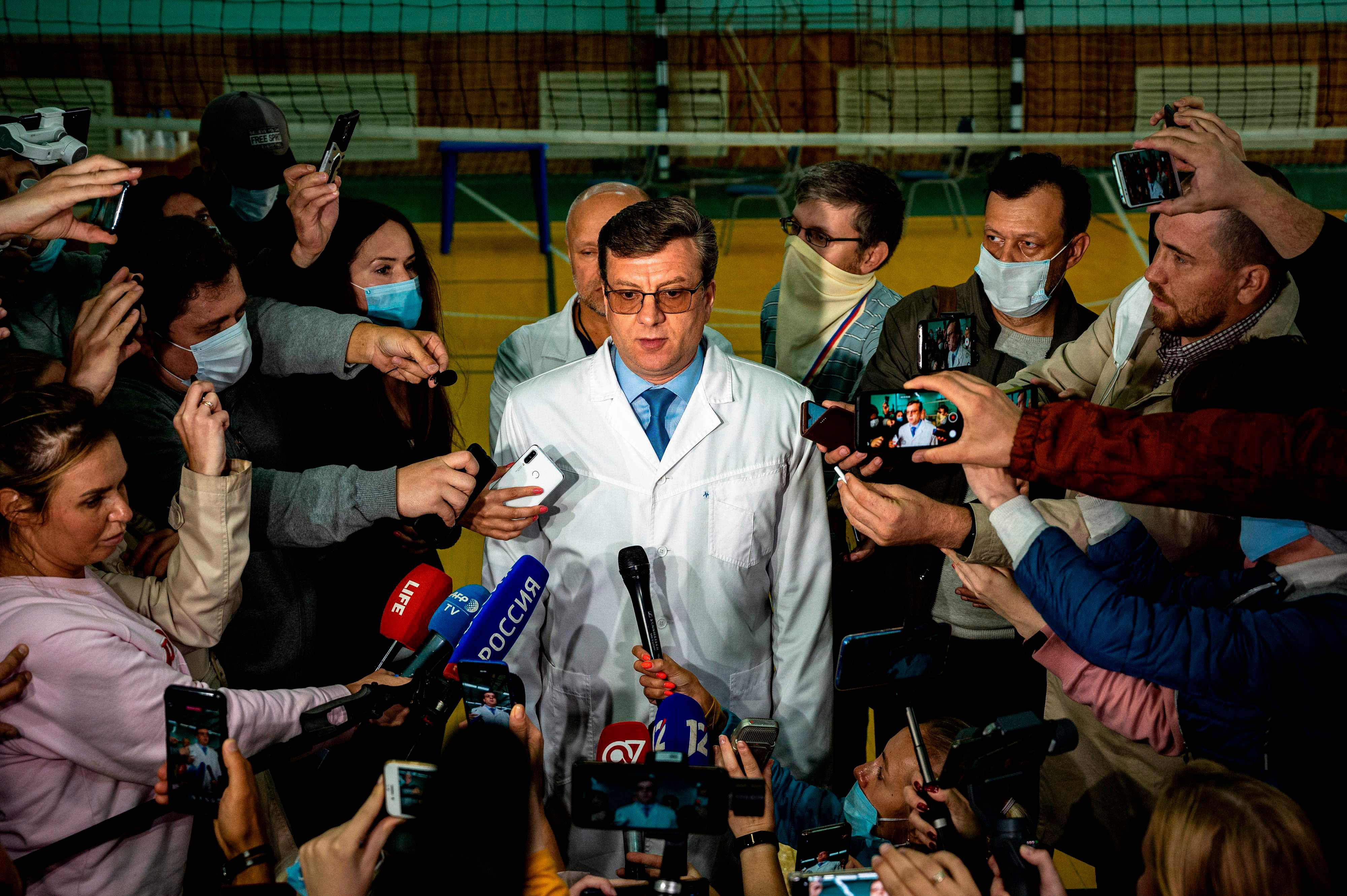 Alexander Murakhovsky, chief doctor at Omsk Emergency Hospital No. 1 where Alexei Navalny was admitted after he fell ill in what his spokeswoman said was a suspected poisoning, speaks to the media in Omsk on August 21, 2020. - Russian doctors said Kremlin critic Alexei Navalny cannot be moved from the Siberian hospital where he is being treated for suspected poisoning, putting his life at risk, his spokeswoman said. Navalny, a 44-year-old lawyer and anti-corruption campaigner who is among President Vladimir Putin's fiercest critics, was hospitalised in Omsk after he lost consciousness while on a flight and his plane made an emergency landing. Credit: AFP