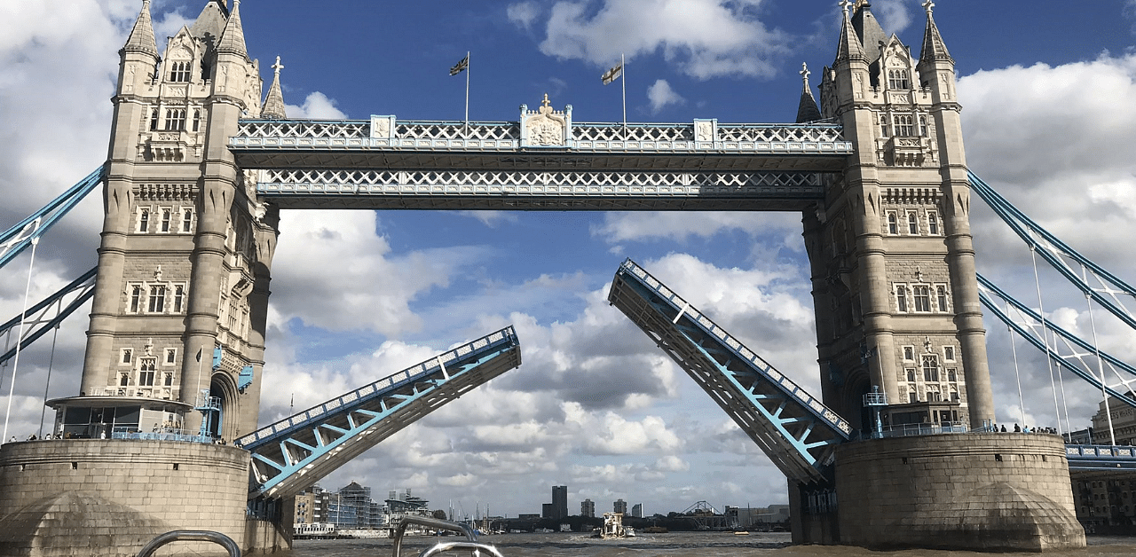 Tower Bridge in central London stuck open on August 22, 2020 after a mechanical fault. Credit: AFP Photo