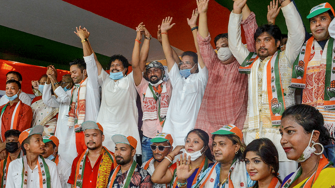 Assamese singer Babu Barua, music director Ajoy Phukan and other artists who actively took part in the Anti Citizenship Amendment Act (CAA) protests, join the Indian National Congress (INC) party in presence of Assam Congress chief Ripon Bora in Dispur. Credits: PTI File Photo