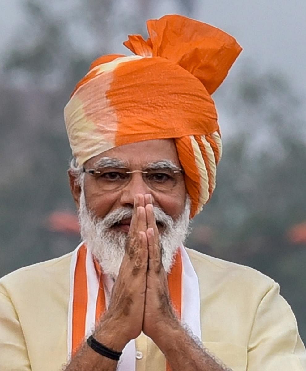 Prime Minister Narendra Modi greets during the 74th Independence Day celebrations, at Red Fort in New Delhi, Saturday, Aug. 15, 2020. Credit: PTI Photo
