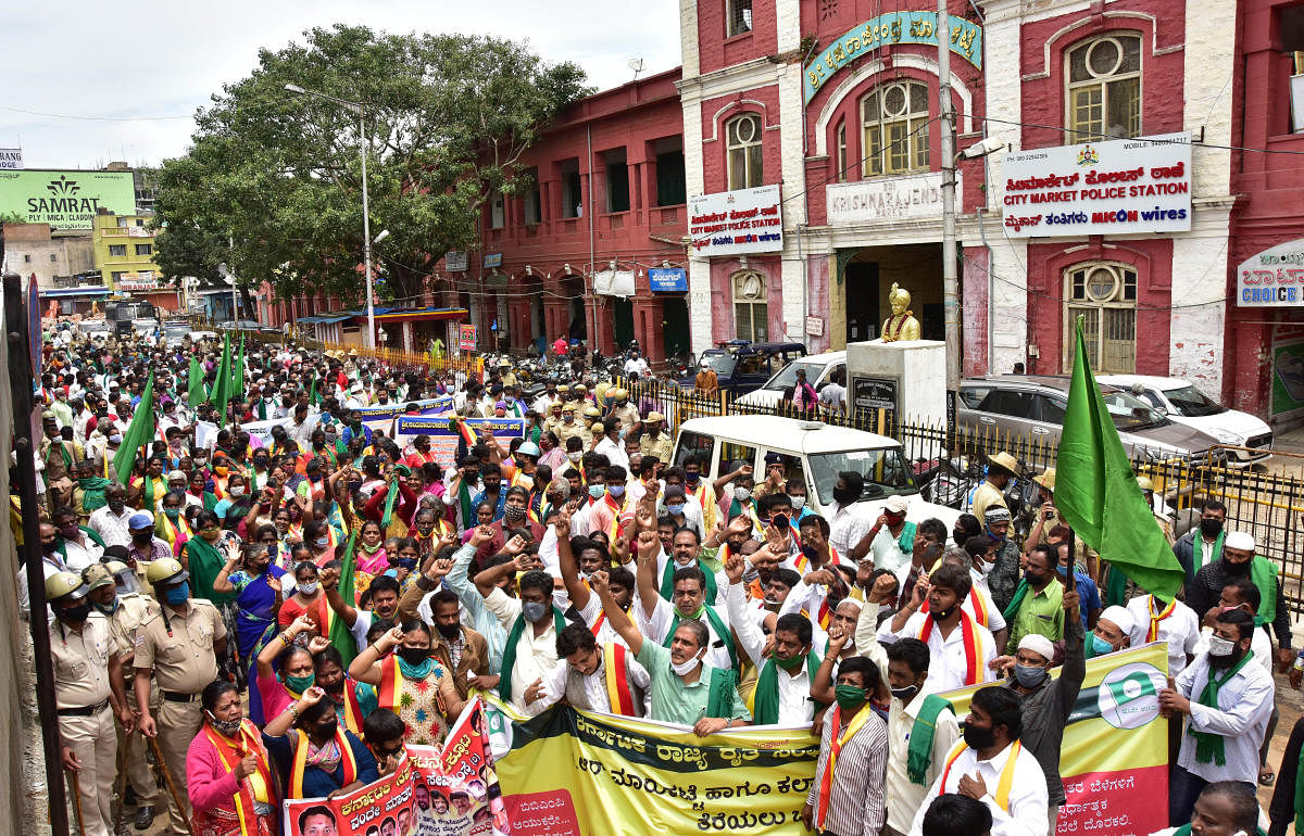 Farmers under the banner of Karnataka Rajya Raitha Sangha and Hasiru Sene staged a protest at the KR Market junction on Monday. DH PHOTO/Irshad Mahammad