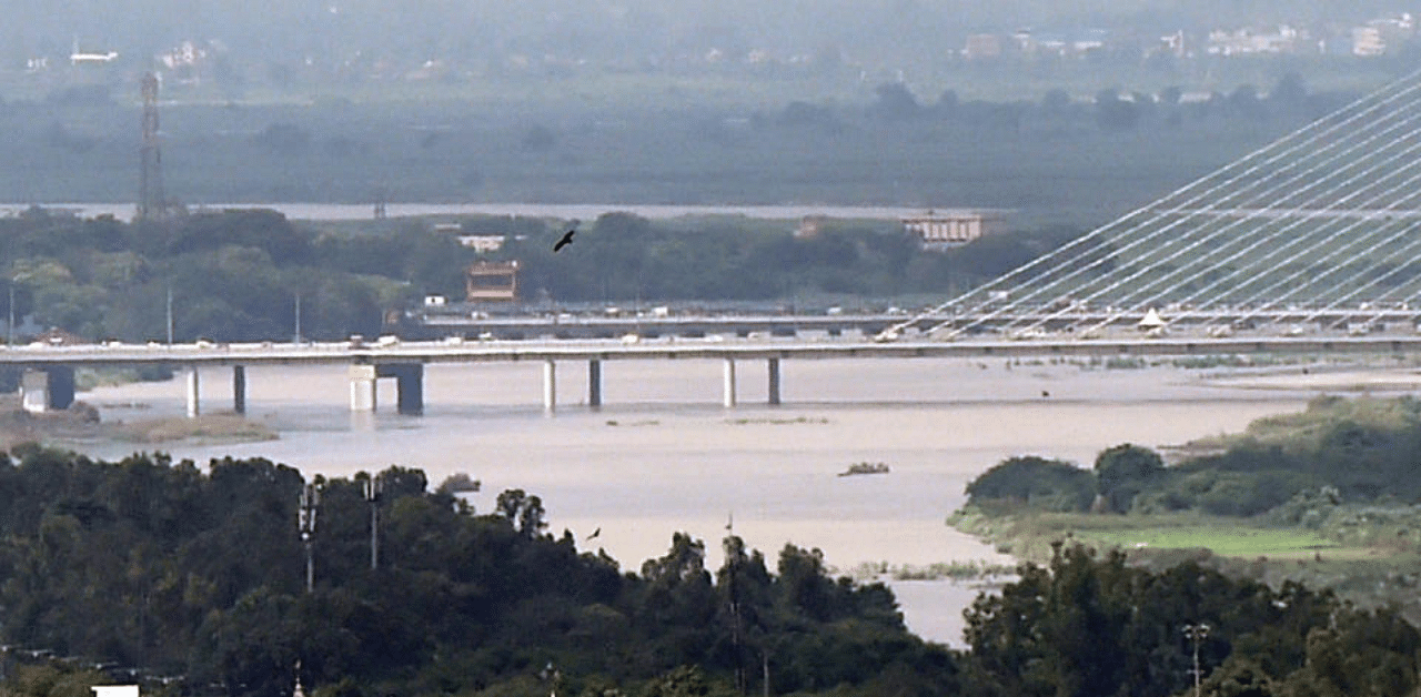  An aerial view of swollen Yamuna River following heavy rains. Credit: PTI