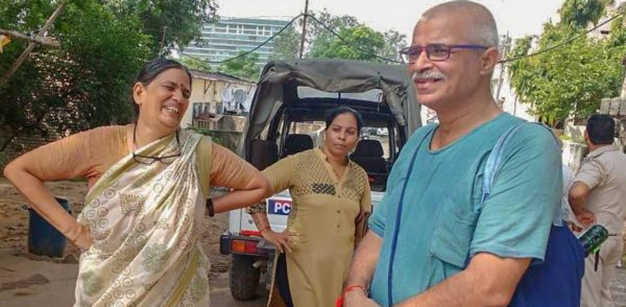 Human rights advocate Sudha Bharadwaj (L) after she was arrested by the Pune police in connection with the Bhima Koregaon violence, in Faridabad. Credit: PTI Photo