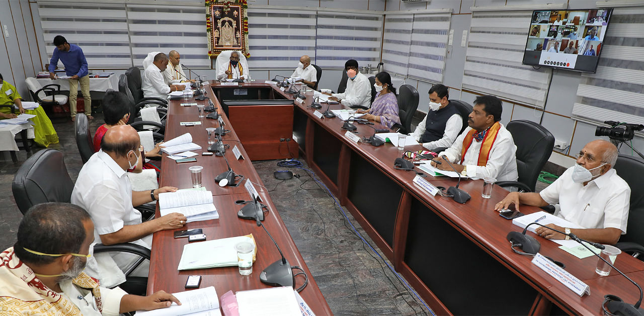 The TTD Trust Board meeting chaired by YV Subba Reddy was held at the Annamaiah Bhavan in Tirumala on Friday discussed various matters including the twin Brahmotsavams set to be hed in September and October respectively. Credit: DH