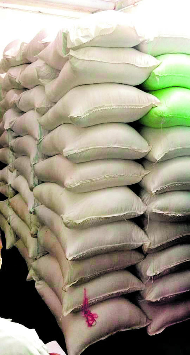 The illegally stored PDS rice at a shed in Kundapura.