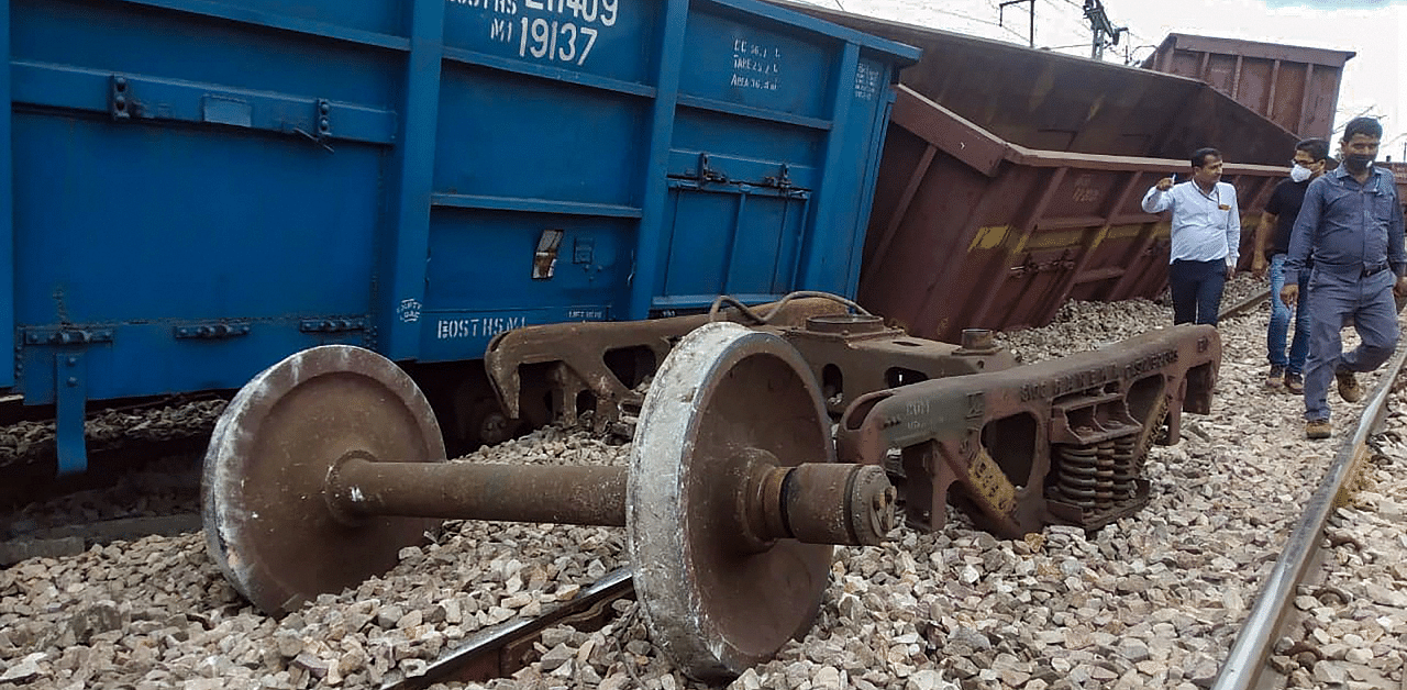 Coaches of a goods train derailed, in Mathura. Credit: PTI Photo