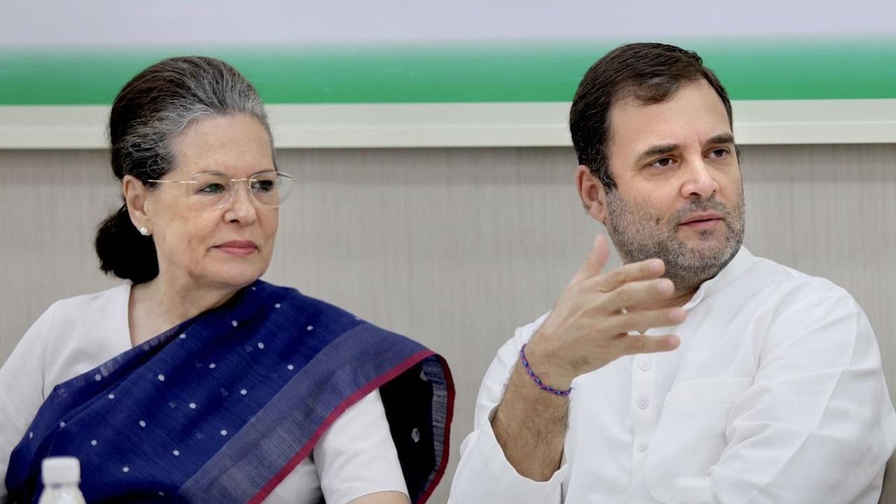 Congress President Rahul Gandhi with senior party leader Sonia Gandhi during Congress Working Committee (CWC) meeting, at AICC HQ in New Delhi on Aug 10. PTI