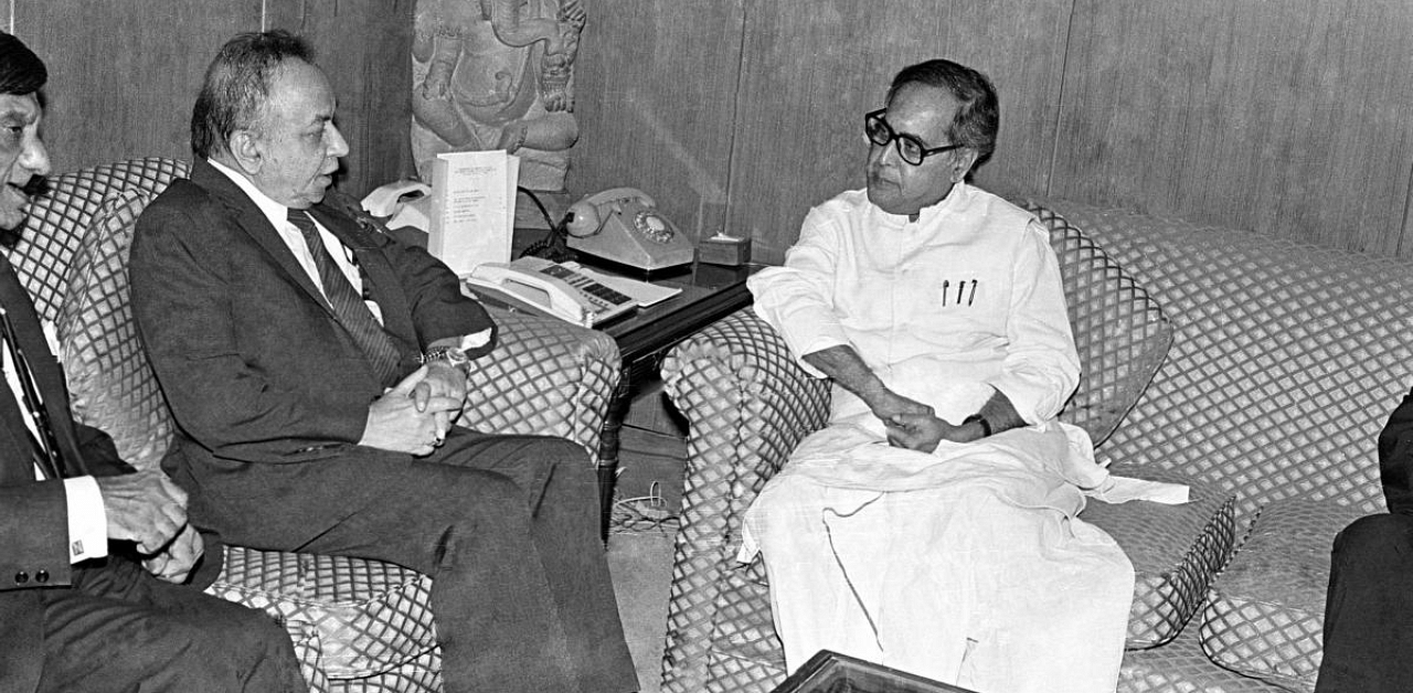  In this April 19, 1994 file photo former President Pranab Mukherjee is seen with the then Foreign Minister of Sri Lanka. Credit: PTI File Photo