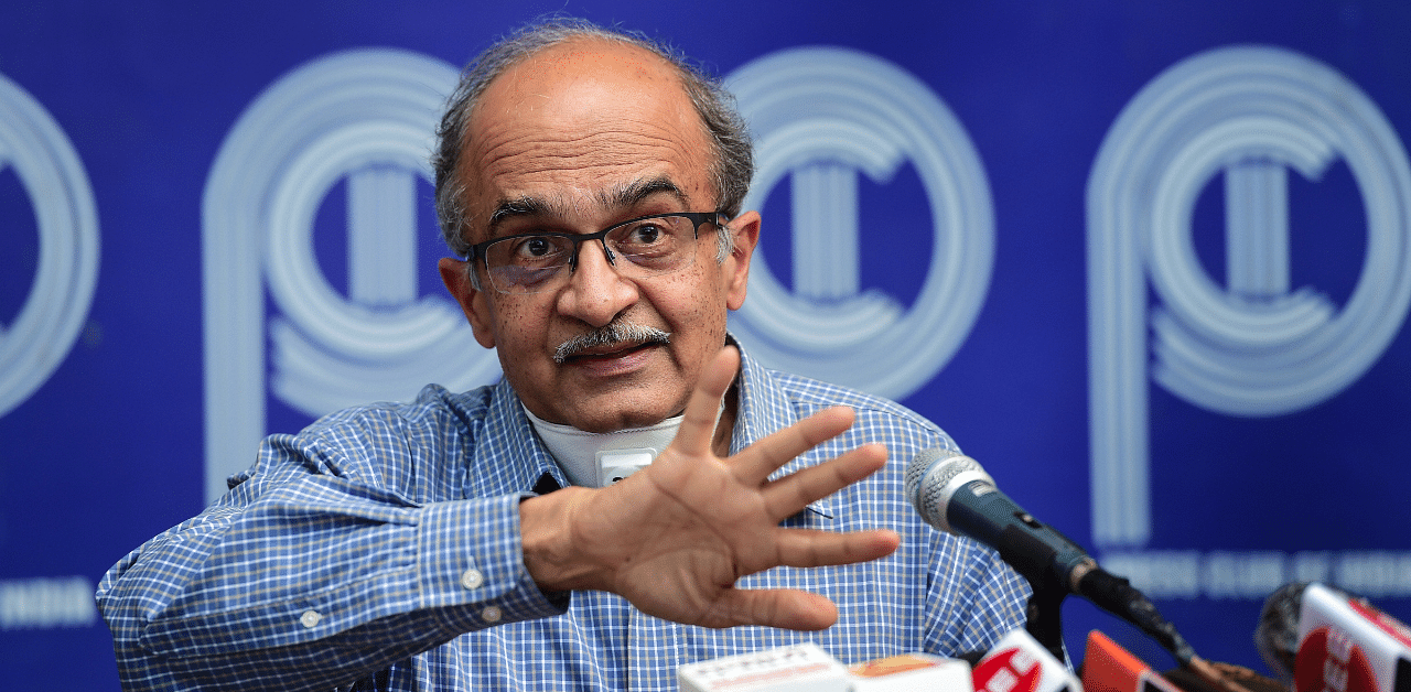 Activist-lawyer Prashant Bhushan addresses a press conference, after Supreme Court imposed a token fine of one rupee as punishment in a contempt case against him. Credit: PTI Photo