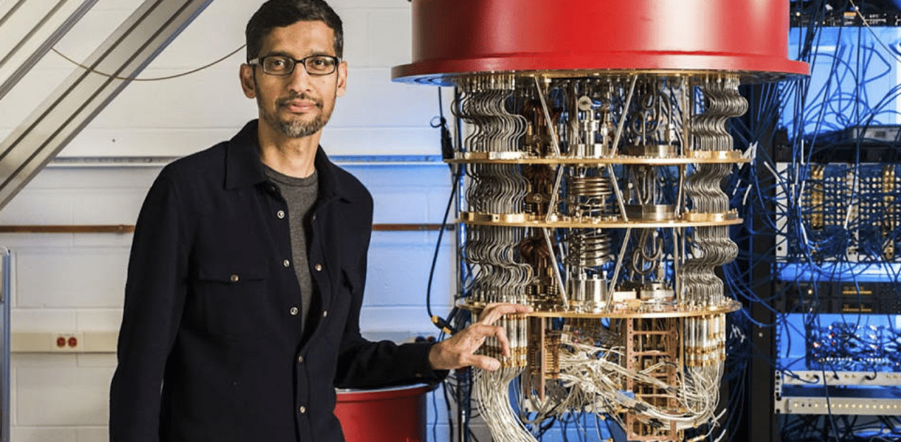 Sundar Pichai with one of Google's quantum computers in the Santa Barbara lab. Credit: AFP