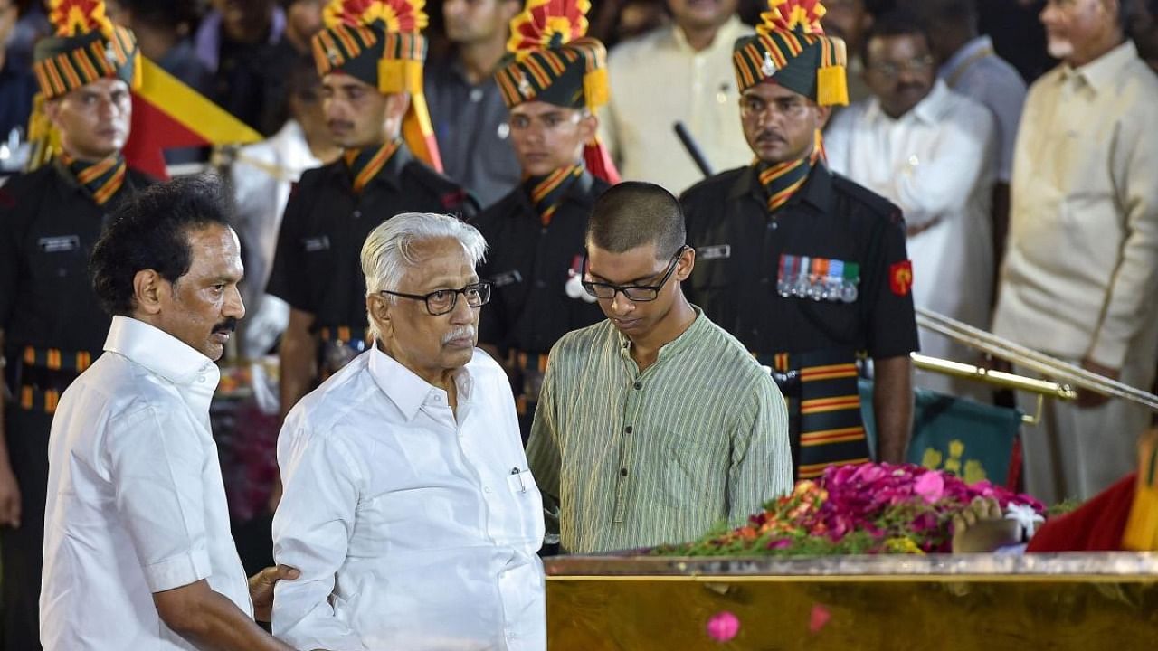 K Anbazhagan (right of M K Stalin) died in March 2020, necessitating the election to the post of General Secretary. Credit: PTI/file photo