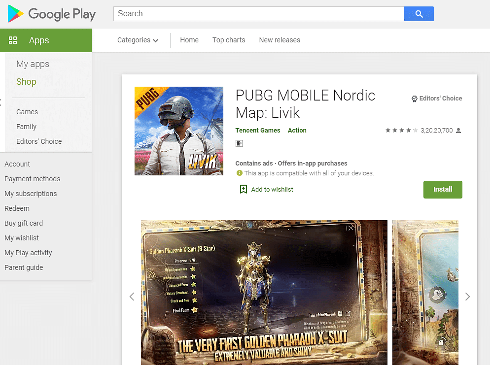 PUBG Mobile game app on Google Play store (screen-grab)