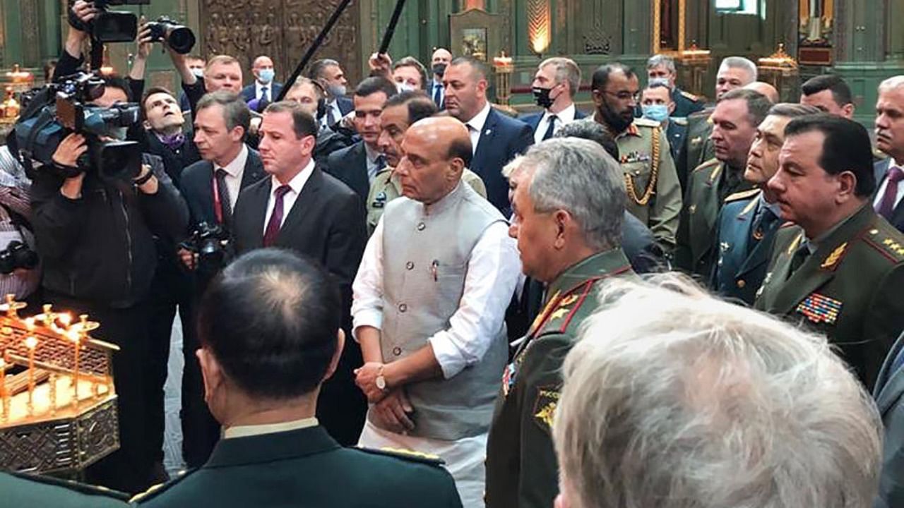 Union Defence Minister Rajnath Singh during a visit to the main Cathedral of the Armed Forces of the Russian Federation and the Museum Complex in Moscow. Credit: PTI/DefenceMinIndia