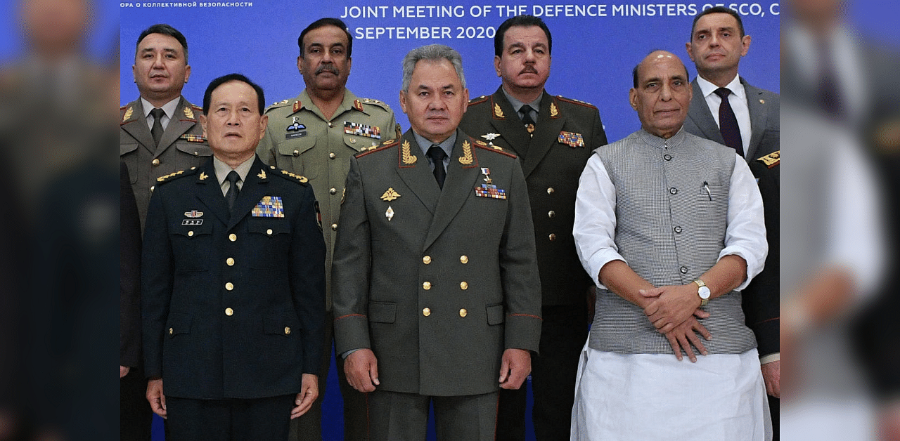 China's Minister of National Defence Wei Fenghe, left, Russian Defense Minister Sergei Shoigu, center, and Indian Defense Minister, Rajnath Singh. Credit: AP