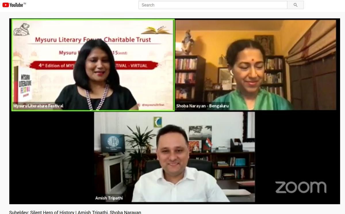 Chairperson of Mysuru Literary Forum and Charitable Trust Shubha Sanjay Urs and writer Amish Tripathi and Shobha Narayan during the virtual session on ‘Suheldev: Silent Hero of History’ as part of the Mysuru Literature Festival 2020 on Saturday.