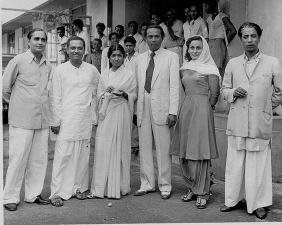 Singer Lata Mangeshkar (third from left), music director Naushad Ali (fourth from Left), actress Nadira (second from right) and music director Ghulam Mohammed on the set of Mehboob Khan’s ‘Aan’ (1952).
