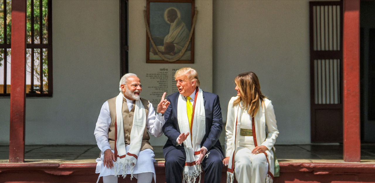 Prime Minister Narendra Modi, U.S. President Donald Trump and First Lady Melania Trump at Sabarmati Ashram, in Ahmedabad. Credit: PTI