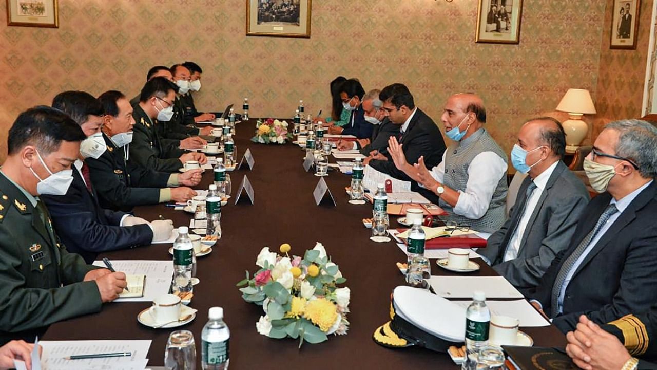 Defence Minister Rajnath Singh during a meeting with the Chinese Defence Minister General Fenghe, in Moscow. Credit: PTI