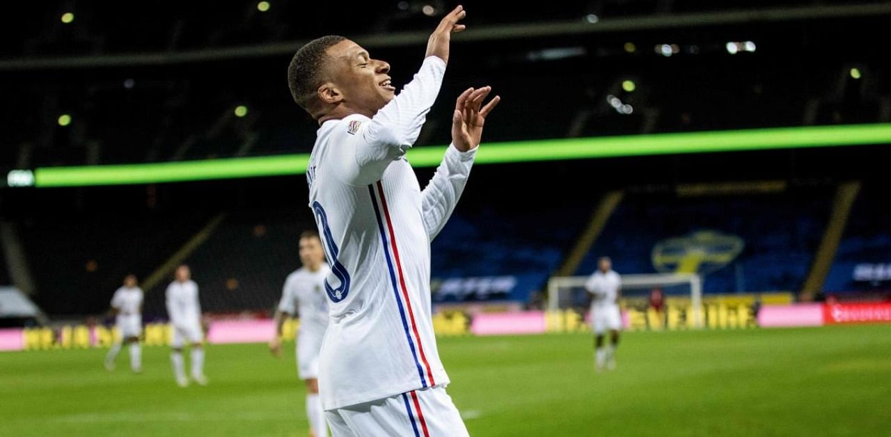 France's forward Kylian Mbappe celebrates his goal during the UEFA Nations League football match between Sweden and France. Credits: AFP