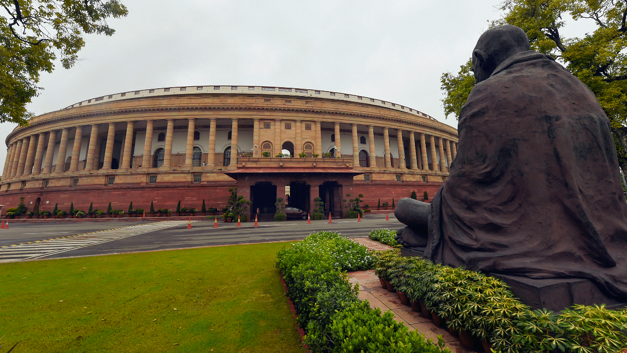 View of statue of Mahatma Gandhi in the premises of Parliament House. Credits: PTI Photo