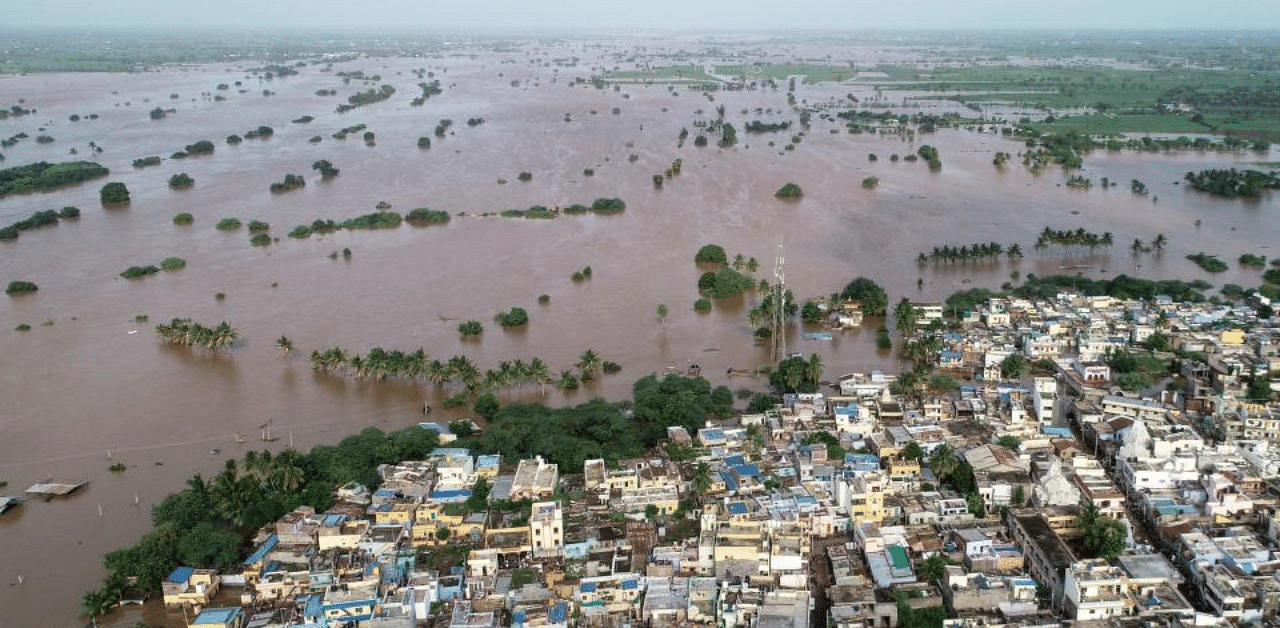 An aerial view of waterlogged Jamkhandi Taluk at Belagavi district of Karnataka state situated about 525 kms north of the south Indian city of Bengaluru on August 11, 2019. Credit: AFP Photo