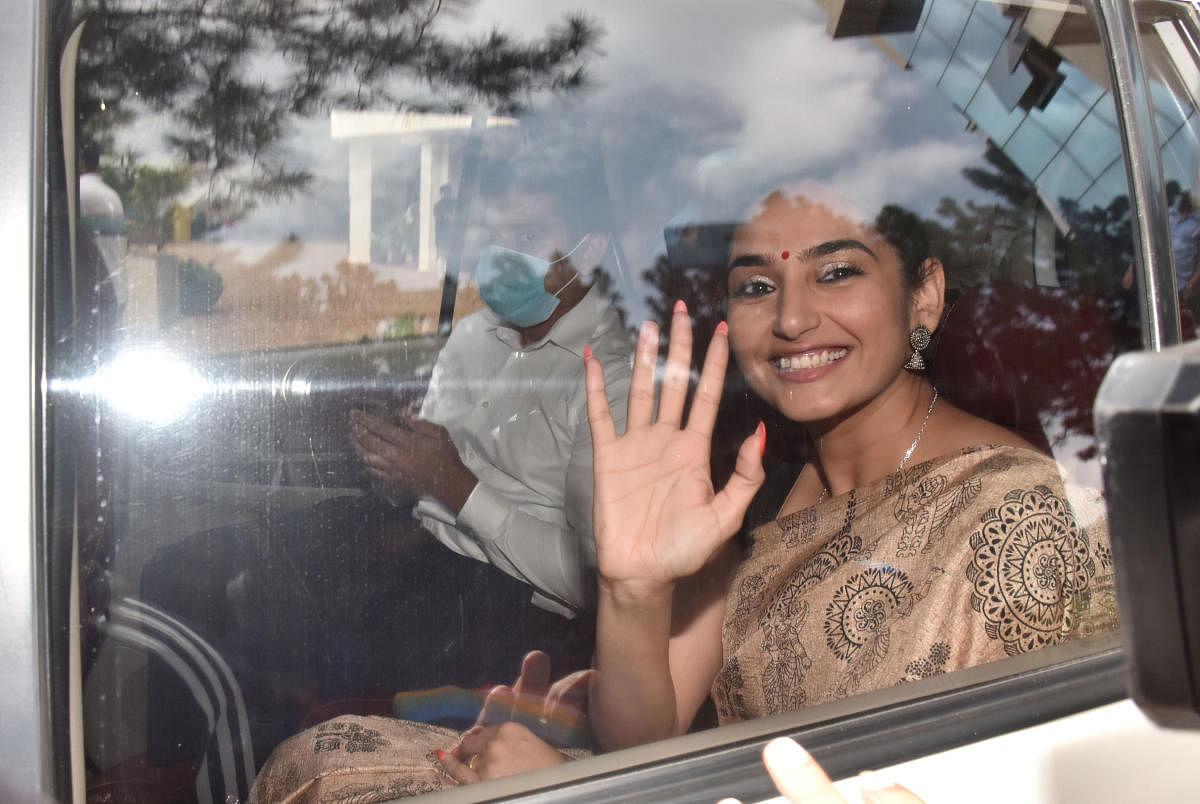 Ragini Dwivedi after her detention by the CCB in a drugs case in Bengaluru on Friday. DH PHOTO/JANARDHAN B K