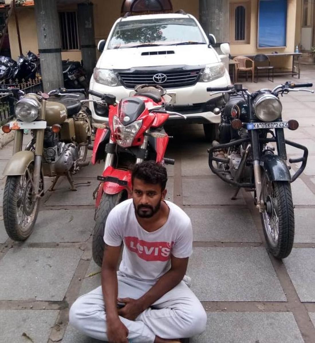 Bharath B M alias Preetham, a resident of Channasandra, stole a Toyota Fortuner, two Royal Enfield motorcycles and a Benelli motorbike.