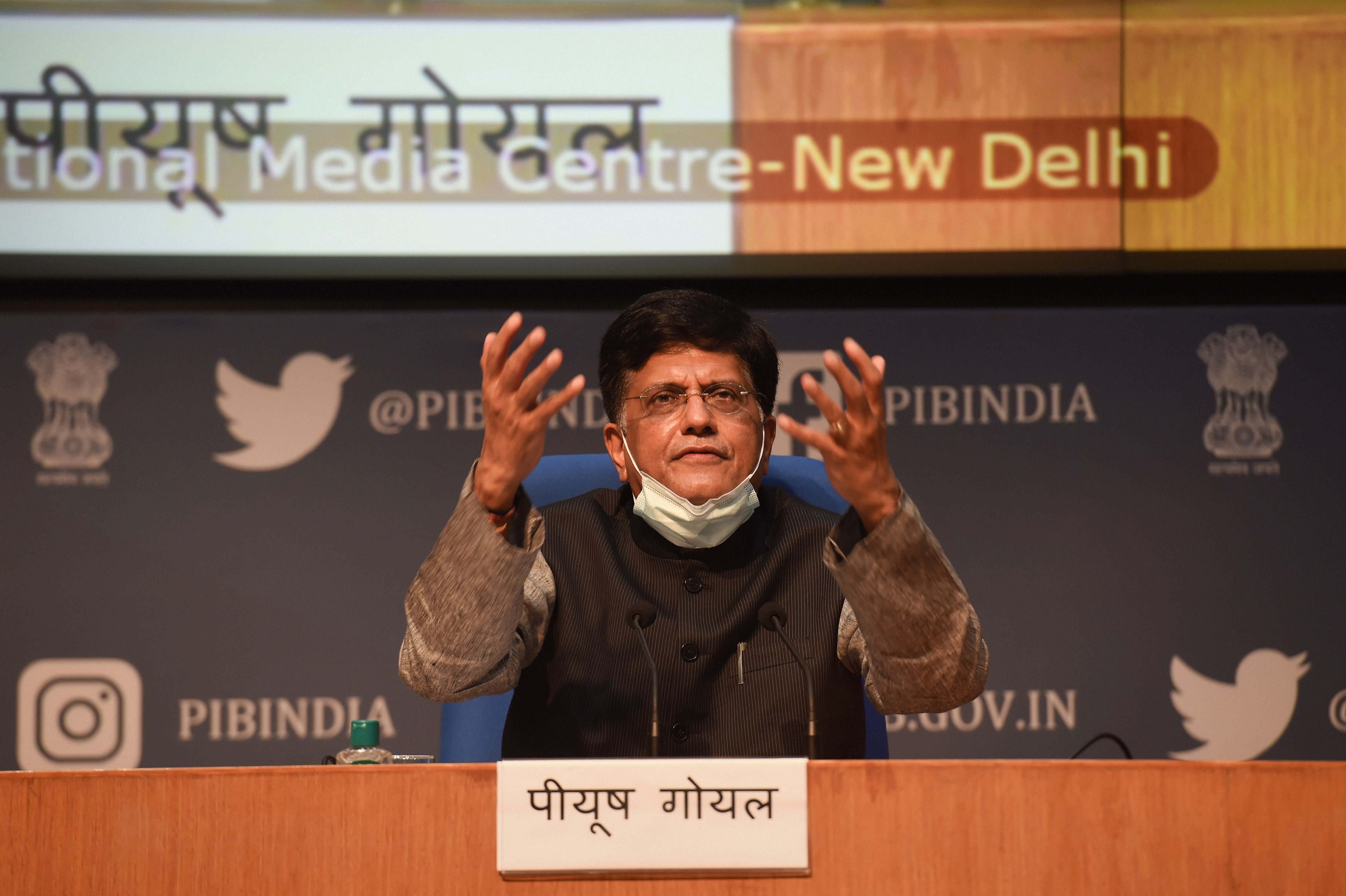  Union Minister of Commerce and Industry Piyush Goyal addresses a press conference during the release of the assessment report of State Business Reform Action Plan 2019, in New Delhi, Saturday, Sept. 5, 2020. Credit: PTI Photo