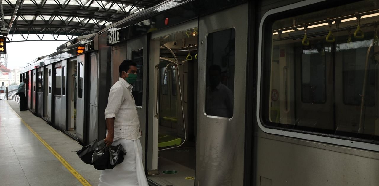 The Kochi Metro on Monday resumed services after being suspended for over five months due to the Covid-19 lockdown. Credits: Twitter/ @MetroRailKochi