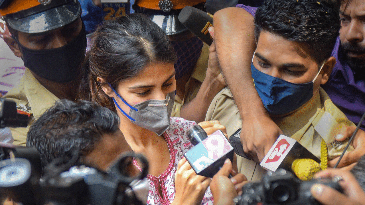 Bollywood actress Rhea Chakraborty outside NCB office after being summoned for questioning in connection with the death by suicide case of late actor Sushant Singh Rajput. Credits: PTI Photo
