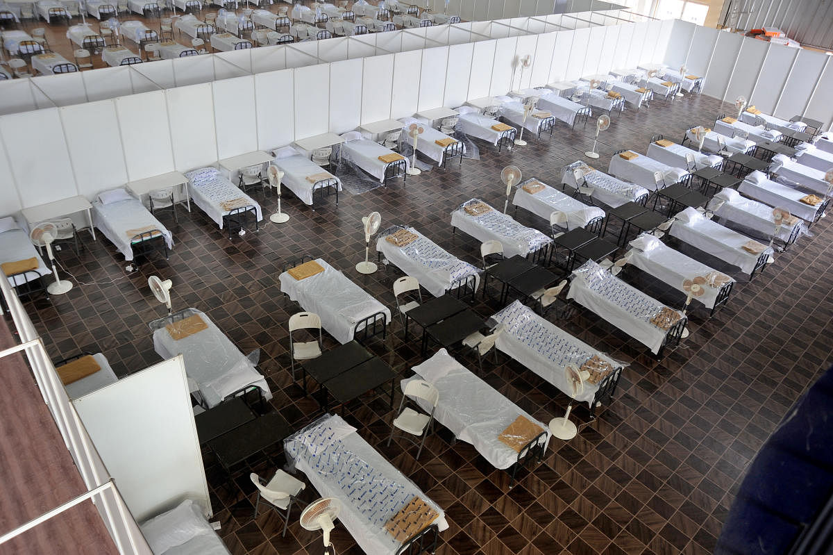 The Covid Care Centre at the BIEC, Bengaluru, has a staggering 10,100 beds. DH FILE PHOTO