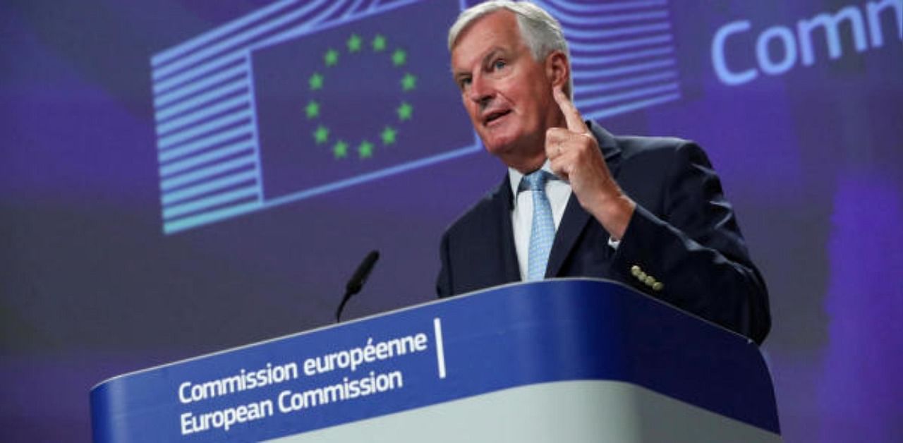 EU's Brexit negotiator Michel Barnier gestures as he holds a news conference after a meeting with Britain's chief negotiator David Frost in Brussels, Belgium. Credit: Reuters Photo