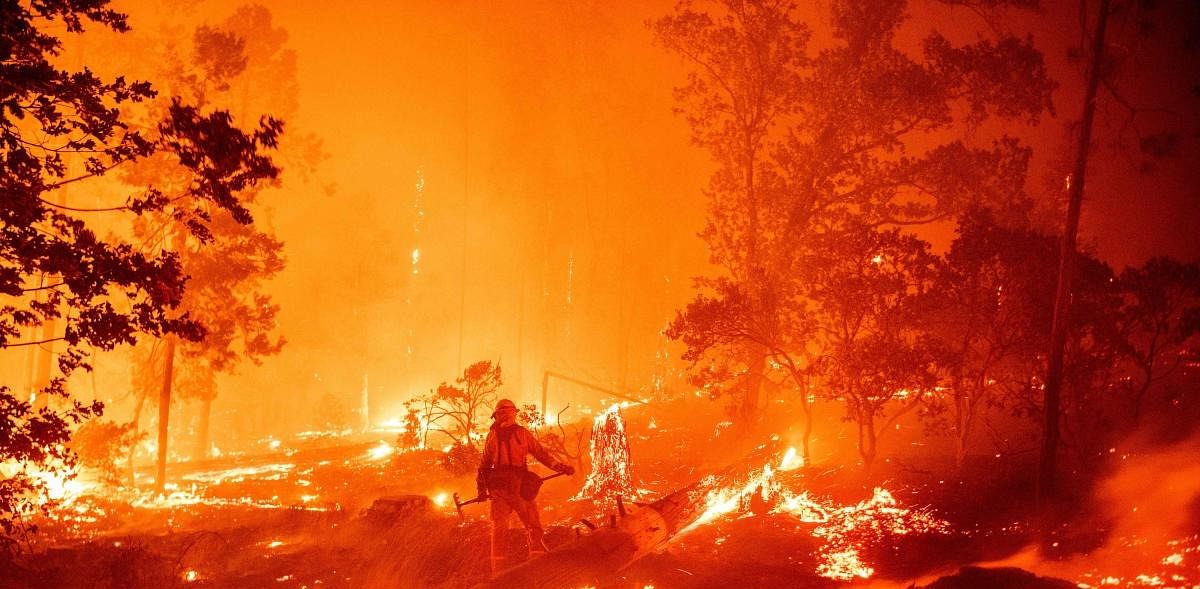 A firefighter works the scene as flames push towards homes during the Creek fire in the Cascadel Woods area of unincorporated Madera County, California. Credits: AFP
