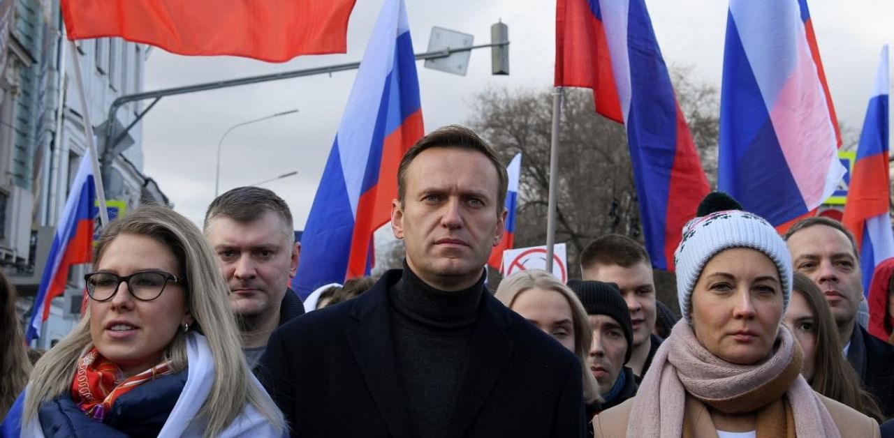 In this file photo taken on February 29, 2020 Russian opposition leader Alexei Navalny, his wife Yulia, opposition politician Lyubov Sobol and other demonstrators take part in a march in memory of murdered Kremlin critic Boris Nemtsov. Credit: AFP