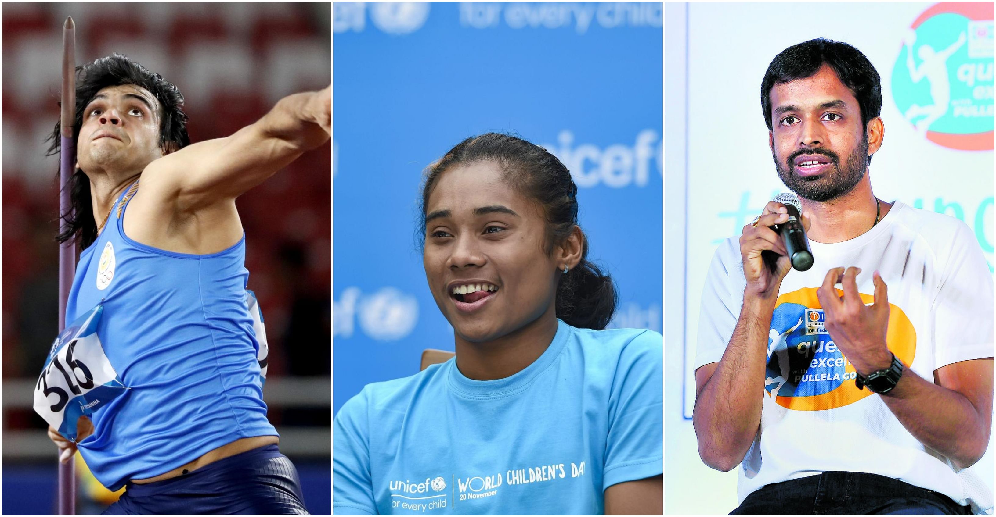 Athletes Hima Das, Neeraj Chopra and Pullela Gopichand. Credit: Reuters/PTI Photo