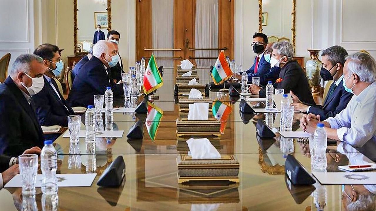 Union External Affairs Minister Subrahmanyam Jaishankar attends a meeting with his Iranian counterpart Mohammad Javad Zarif, during a stopover, in Tehran. Credit: PTI