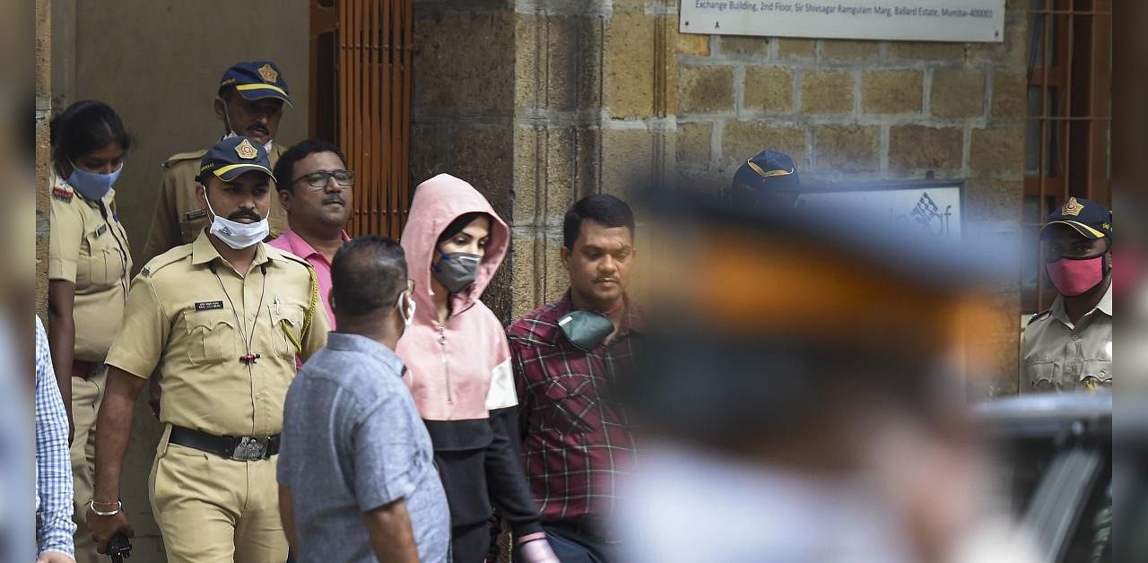 Bollywood actress Rhea Chakraborty leaves the NCB office after being questioned in connection with actor Sushant Singh Rajput's death case, at Ballerd Pierd in Mumbai, Monday, Sept. 7, 2020. Credit: PTI Photo