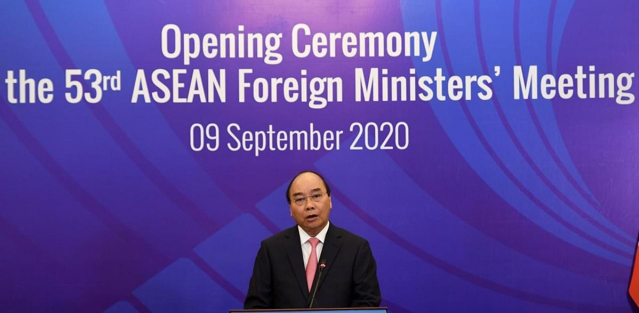 Vietnam's Prime Minister Nguyen Xuan Phuc addresses a live video conference at the ASEAN meaating, Credit: AFP Photo