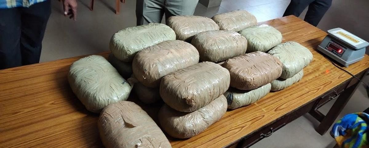 The seized ganja stored in polythene bags, at a house in Madda in Bantwal taluk. Credit: DH