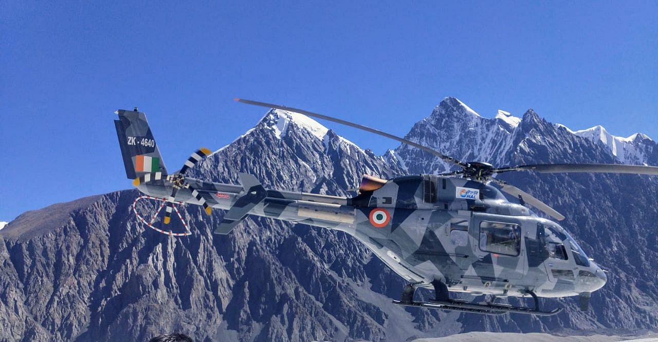 The indigenously developed Light Utility Helicopter (LUH) demonstrated its high-altitude capabilities in hot and high weather conditions in the Himalayas. Image courtesy: HAL
