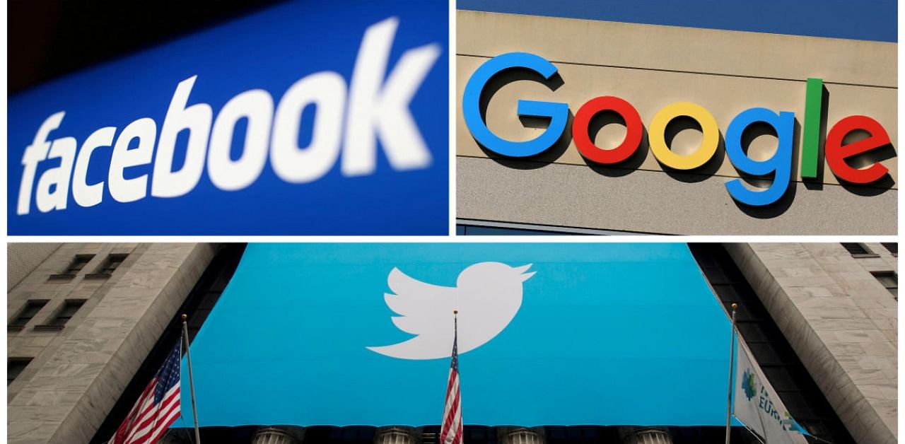 Facebook, Google and Twitter logos. Credit: Reuters