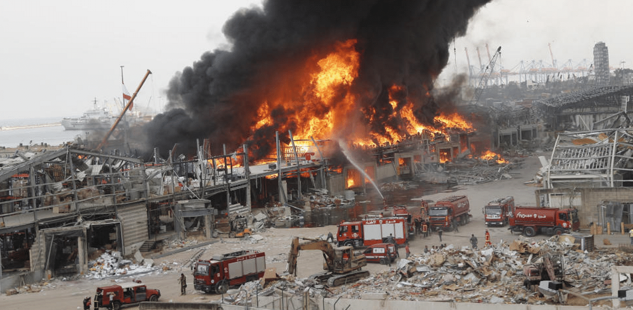 Fire burns in the port in Beirut, Lebanon. Credit: AP