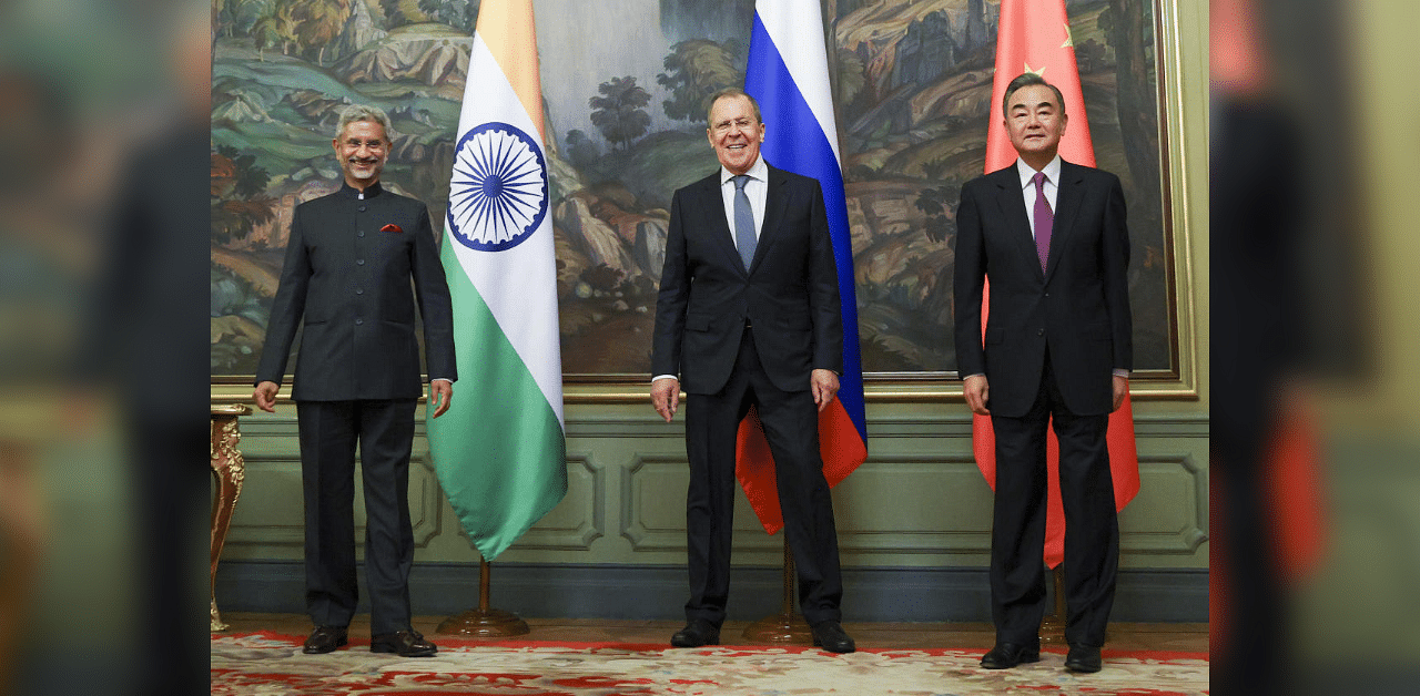  Russian Foreign Ministry Press Service, India's Foreign Minister S. Jaishankar, left, Russia's Foreign Minister Sergey Lavrov, and China's Foreign Minister Wang Yi. Credit: AP
