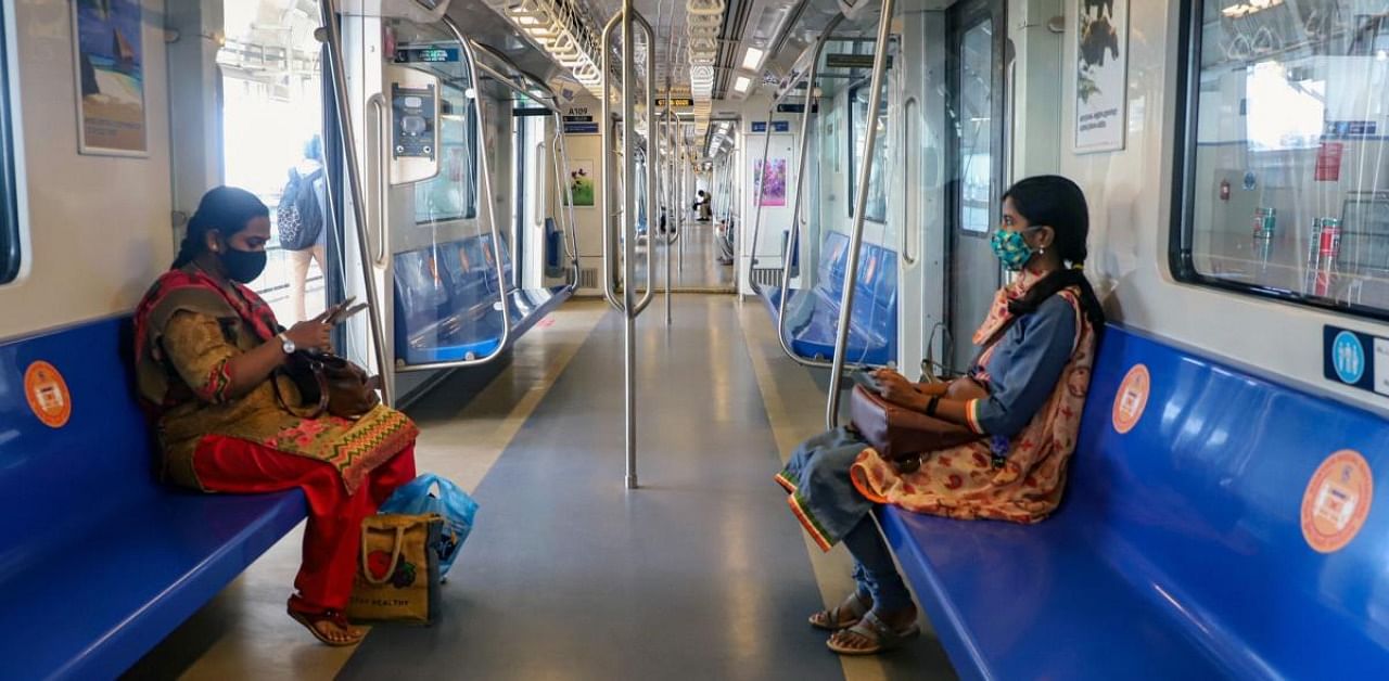 Commuters travel in a metro train as Chennai Metro resumed services after over five months suspension due to Covid-19 outbreak, in Chennai. Credit: PTI