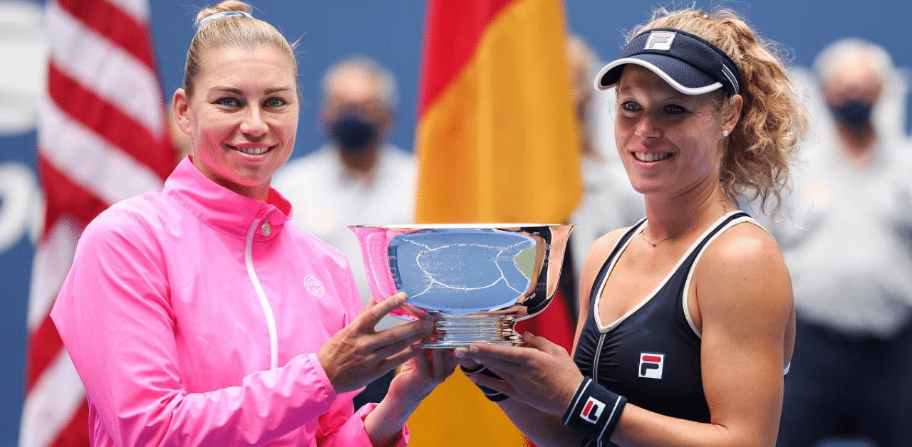 (L-R) Vera Zvonareva of Russia and Laura Siegemund of Germany celebrate winning their Women's Doubles final match against Nicole Melichar of the United States and Yifan Xu of China on Day Twelve of the 2020 US Open. Credit: AFP Photo