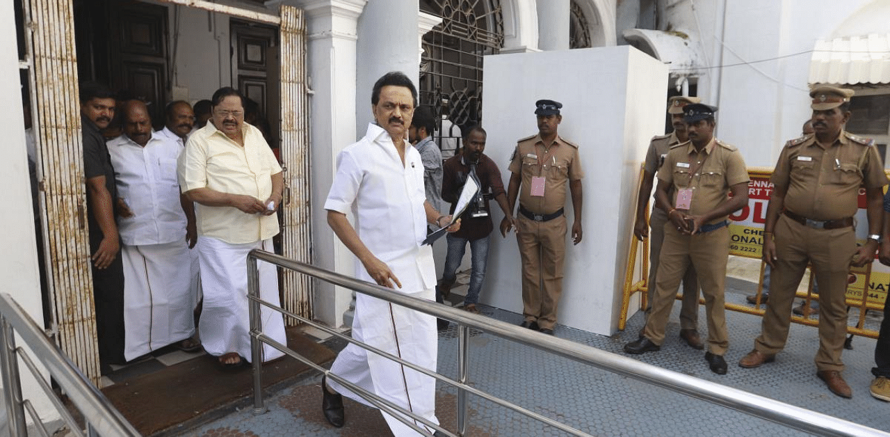 Deploring the issuance of the notices, DMK said the move was aimed at preventing the party MLAs from taking part in the ensuing session of the Assembly, which is all set to commence on Monday at Kalaivanar auditorium. Credit: PTI Photo